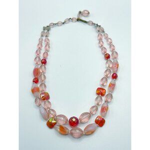 West Germany Pink Red Beaded Glass & Faceted Plastic Double Strand Necklace
